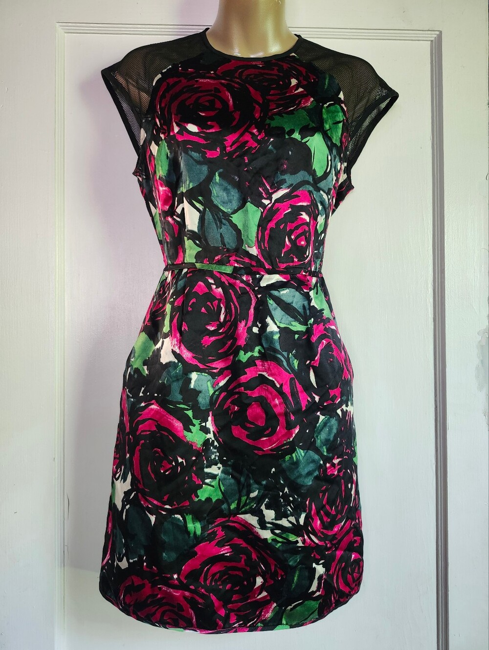 Nanette Lepore Silk Floral Print Mesh Sheath Dress in Fuchsia and Green 4
